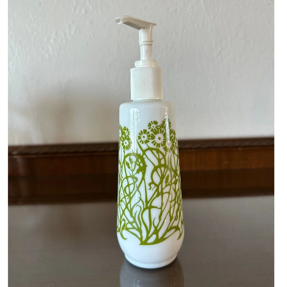 Amway Vintage 70s Milk Glass White Lotion Soap Pump Bottle Green Floral Empty